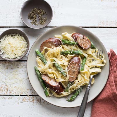 Fettuccine Alfredo with Asparagus & Sausage