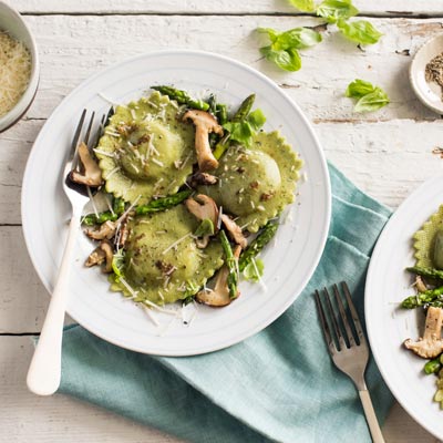 Three Cheese Asparagus Ravioli with Asparagus and Wild Mushrooms