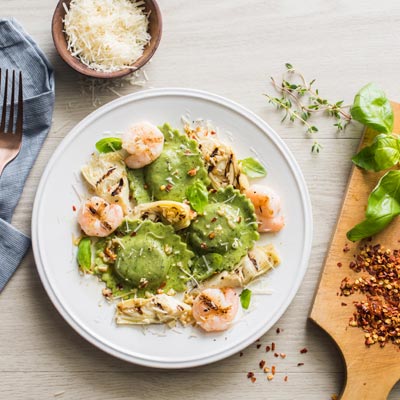 Grilled Shrimp and Artichokes with Spinach & Artichoke Ravioli