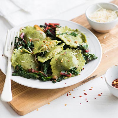 Three Cheese Asparagus Ravioli with Swiss Chard