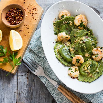 Shrimp with Spinach & Artichoke Ravioli