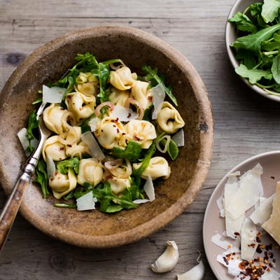 Warm Chicken Tortellini Salad with Arugula & Pecorino Cheese