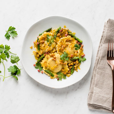 Parmesan & Black Pepper Ravioli with Asparagus Tips, Pancetta and Saffron