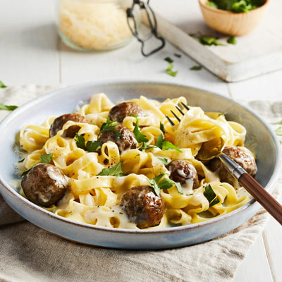 Vegetarian Swedish Meatballs and Fettuccine